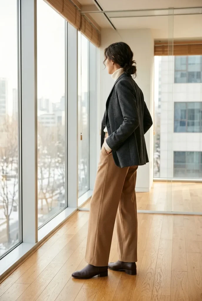 Blazer, turtleneck, and wide-leg trousers winter work outfit for the office.