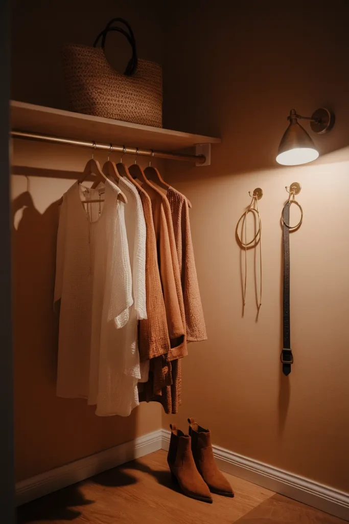 Boho capsule wardrobe hanging on wooden hangers in a warm closet with woven tote and suede boots