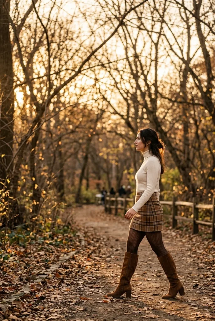 Brown plaid mini skirt with matching tights and tall suede knee-high boots on a fall park path.