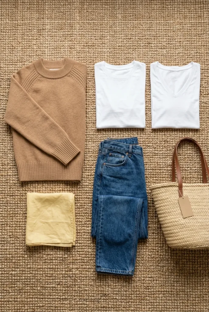 Budget Scandinavian wardrobe mix of neutral basics and one accent piece