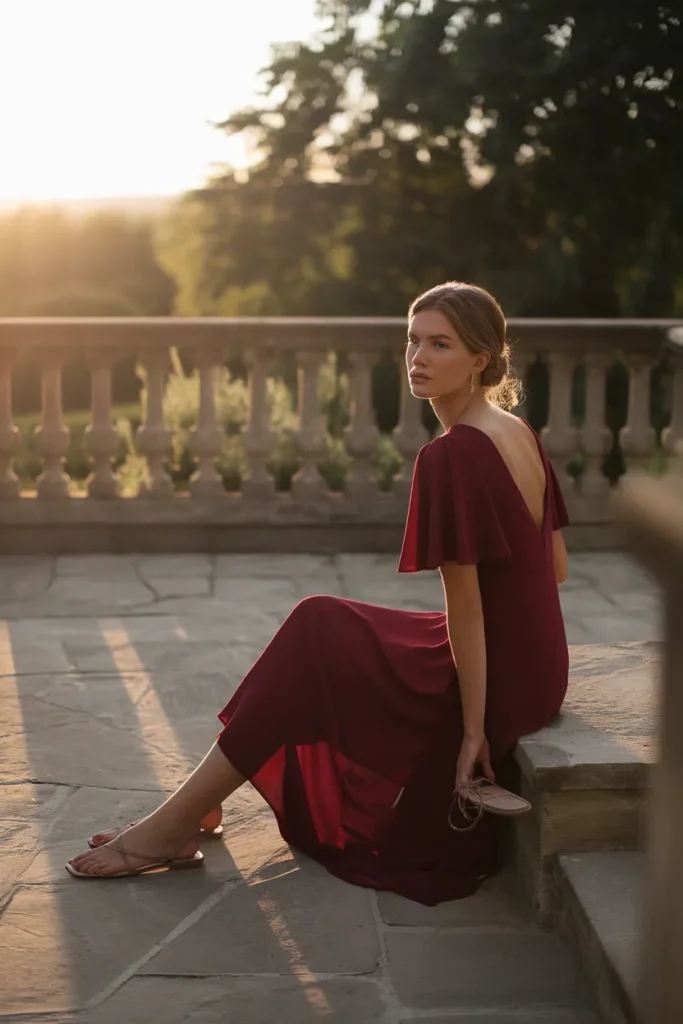 Burgundy occasion midi dress at golden hour, the one color piece in a dress capsule