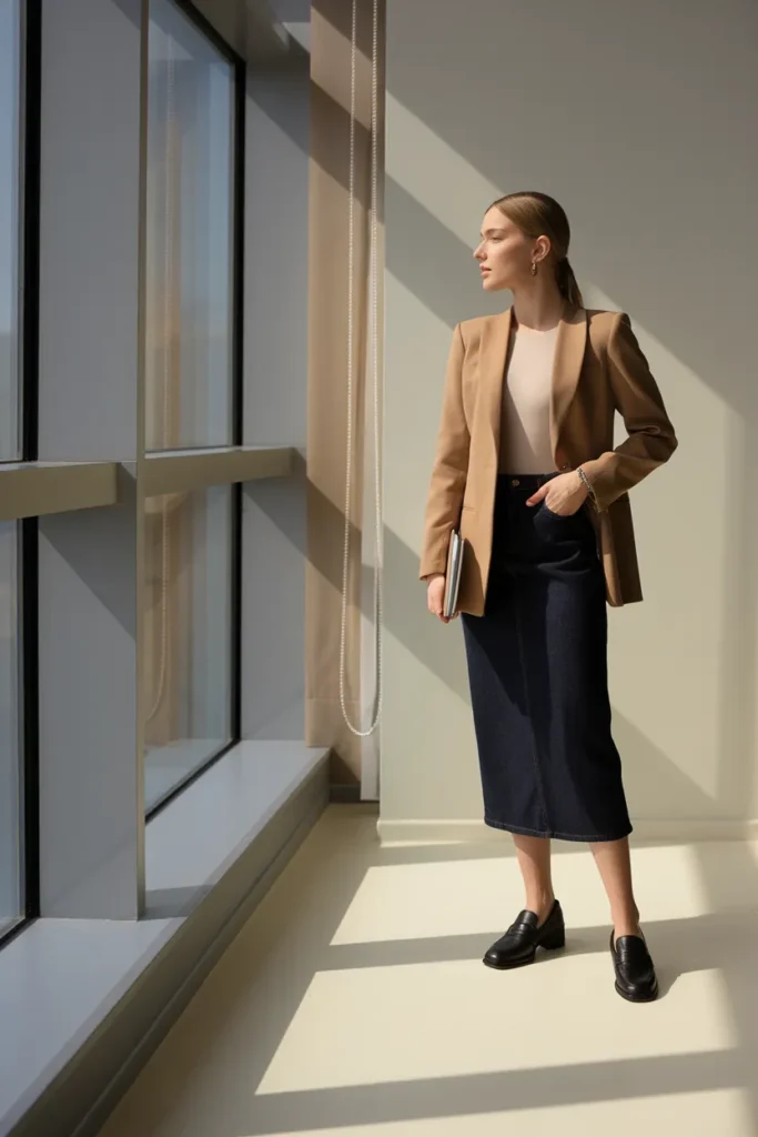 Business casual denim skirt outfit with camel blazer, ivory bodysuit, and loafers.