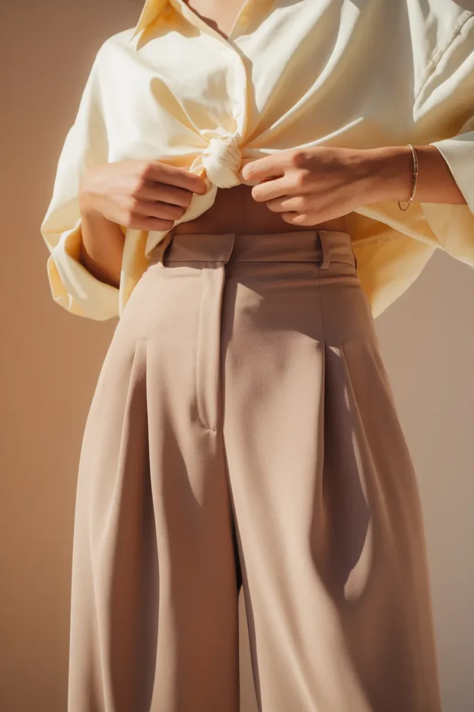 Butter-yellow oversized shirt knotted at the hip over taupe wide-leg trousers to define the waist.
