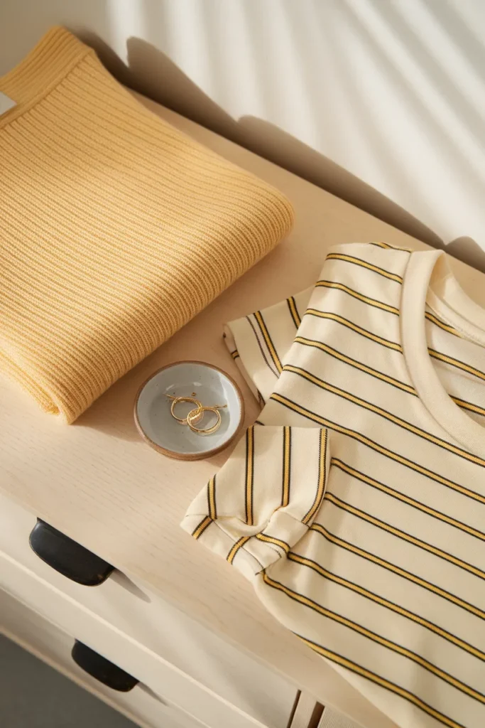Butter yellow sweater beside a striped tee with a matching yellow stripe, passing the capsule Echo Test.
