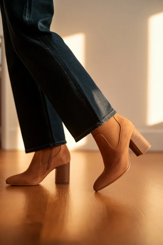 Camel block-heel ankle boot styled with dark jeans in warm side light.