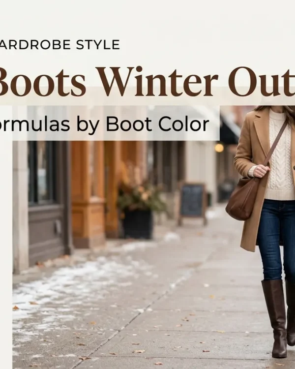 Camel coat, cream knit, and tall brown boots winter outfit for a capsule wardrobe.