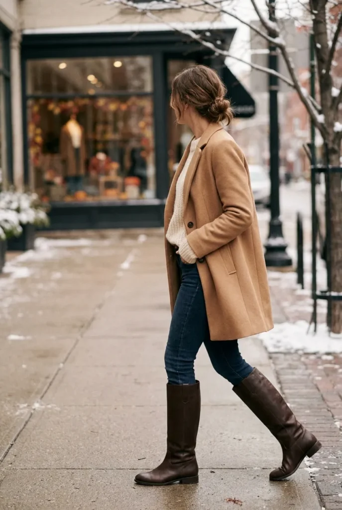 Camel coat, cream knit, and tall brown boots winter outfit on a snowy city sidewalk. Tall Boots Winter Outfits