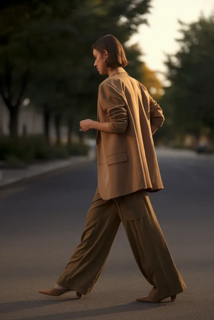 Camel oversized blazer styled over olive cargo pants with pointed mules