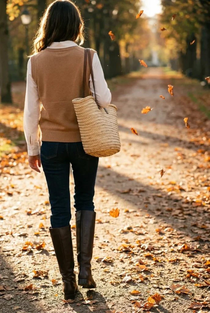 Camel sweater vest with white button-down, jeans, and knee-high boots walking outdoors