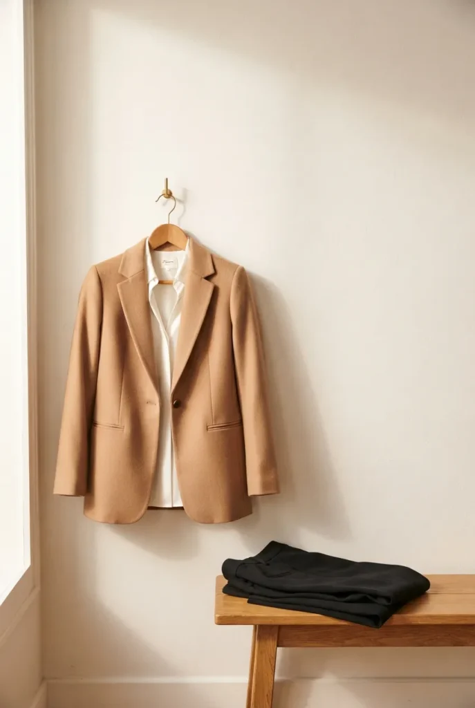 Camel tailored blazer on wooden hanger styled with white blouse for the office.