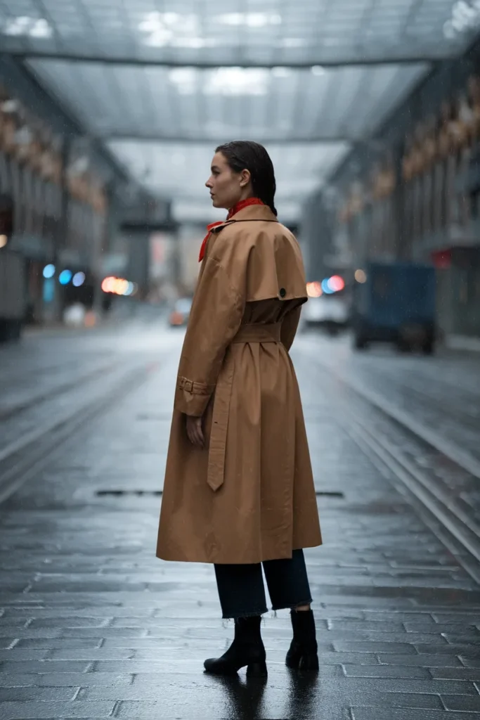 Camel trench coat belted at the waist on a wet city street under soft overcast light