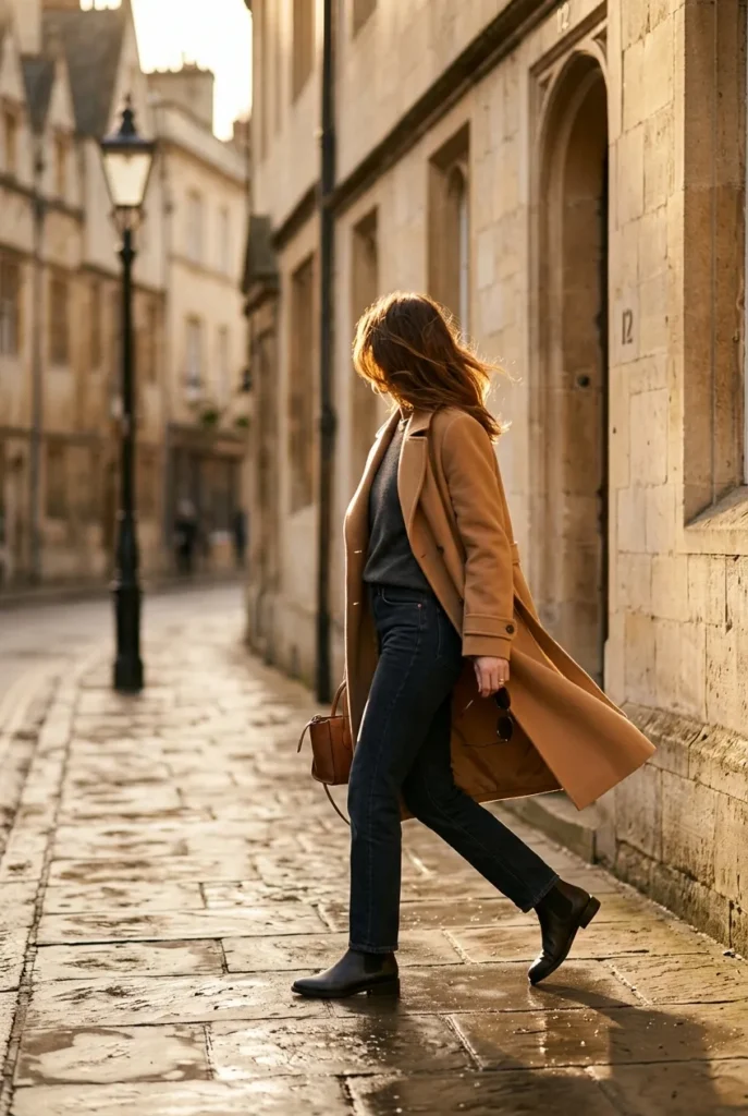 Camel trench coat styled as the hero layer of a London capsule wardrobe.
