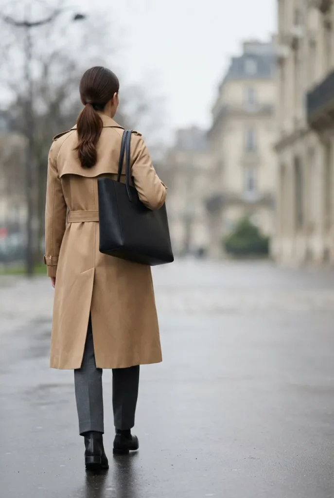 Camel trench over a suit, professional outerwear for a business professional wardrobe.