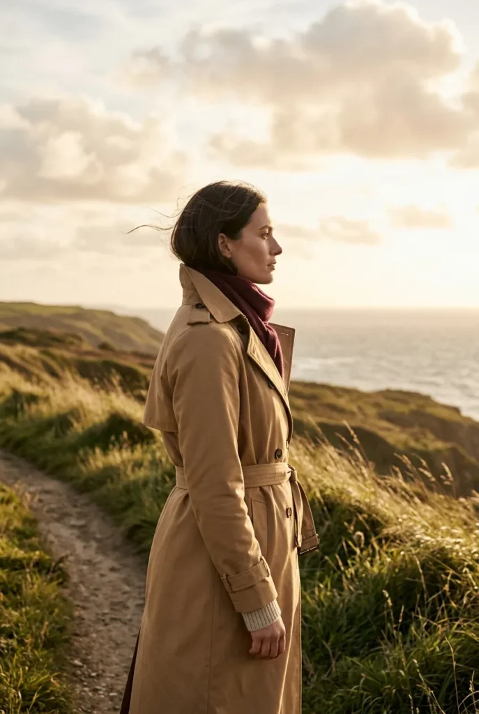 Camel waterproof trench outfit for Scotland coastal weather