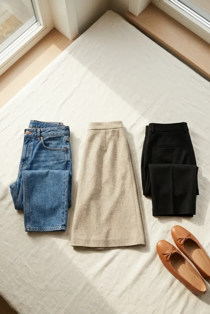 Capsule bottoms flat-lay with straight-leg jeans, black trousers, and an oat midi skirt.