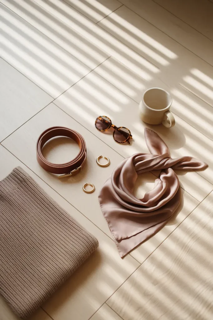 Capsule wardrobe accessories flat lay with belt, gold hoops, silk scarf, and sunglasses on oak