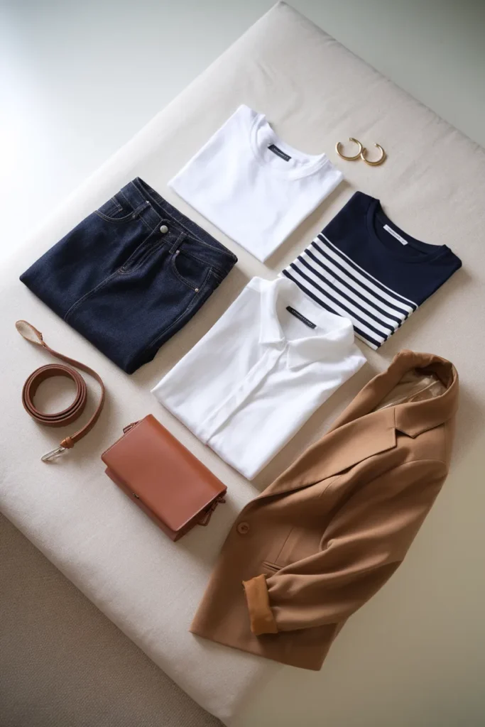 Capsule wardrobe flat lay of denim skirt outfit pieces including tee, blazer, and belt.