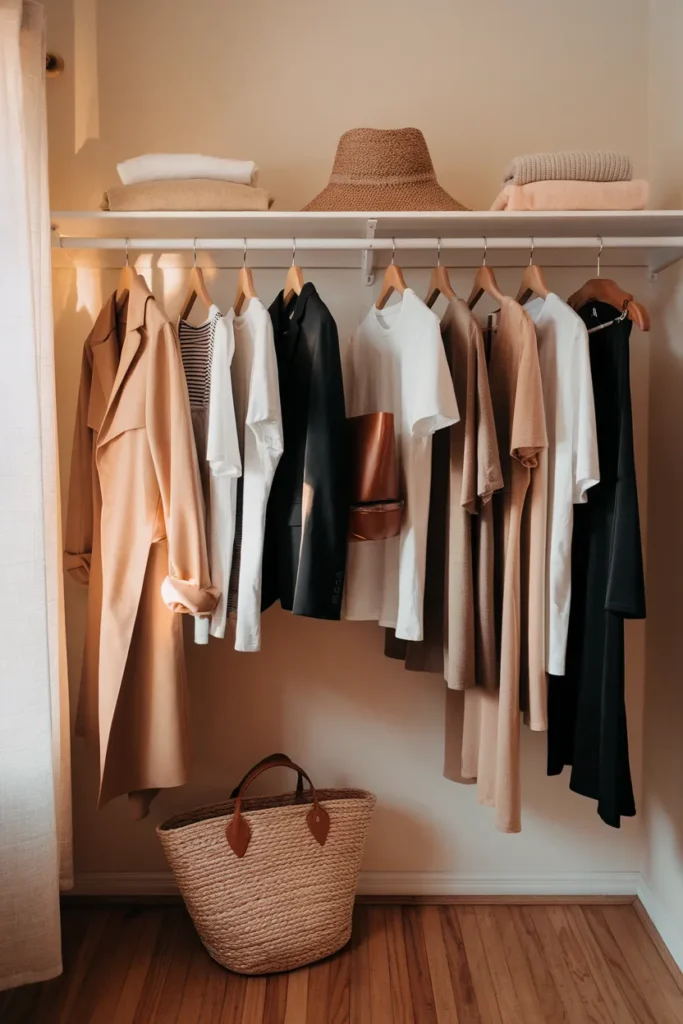 Capsule wardrobe for college hanging in a small dorm closet in ivory, camel, and black