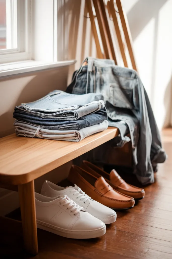 Capsule wardrobe jeans, denim jacket, sneakers, and loafers for a teenage girl on a wooden bench
