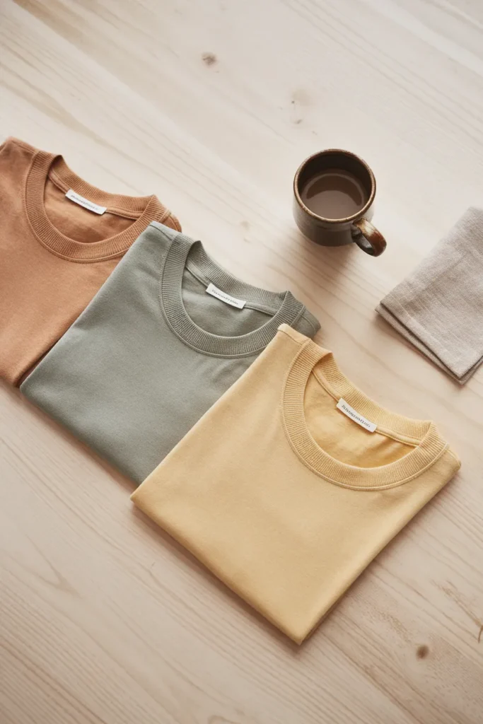 Capsule wardrobe knits in oat, sage, and butter yellow with care tags, buying color on a budget.