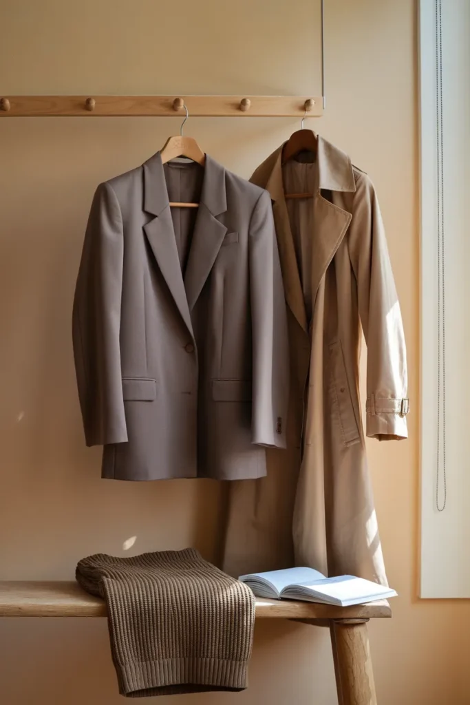 Capsule wardrobe layers for plus size, taupe blazer, camel trench coat, and espresso longline cardigan