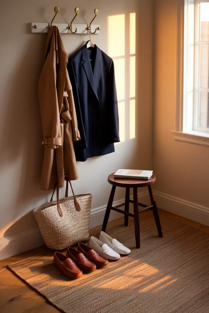 Capsule wardrobe shoes and outerwear on brass hooks and a jute rug, mixing budget and investment pieces