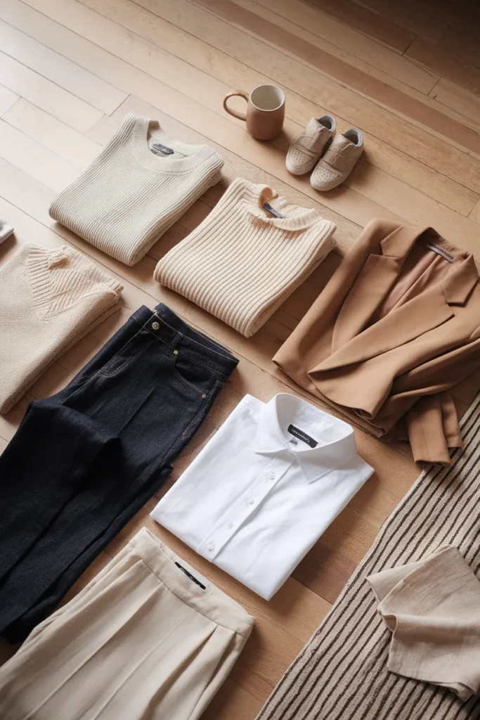 Capsule wardrobe template laid out as a four column grid of neutral clothes on a wood floor