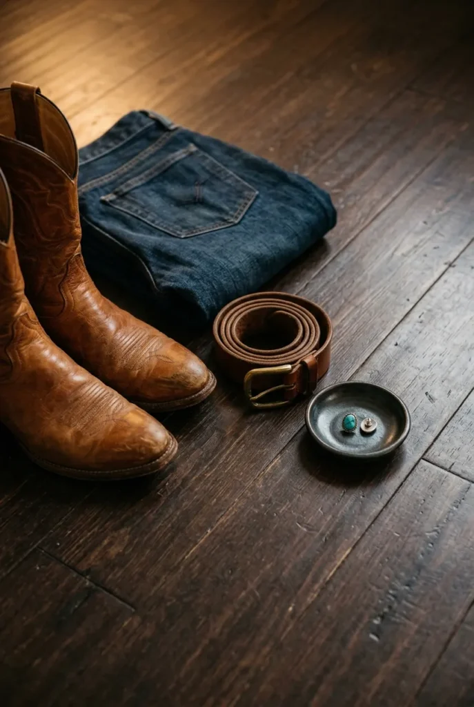 Caramel cowboy boots with a leather belt and turquoise earring, key western accessories.