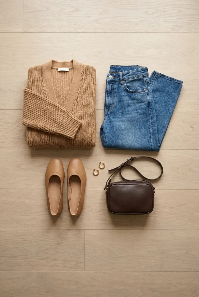 Cardigan outfit flat-lay with straight jeans, ballet flats, and crossbody bag