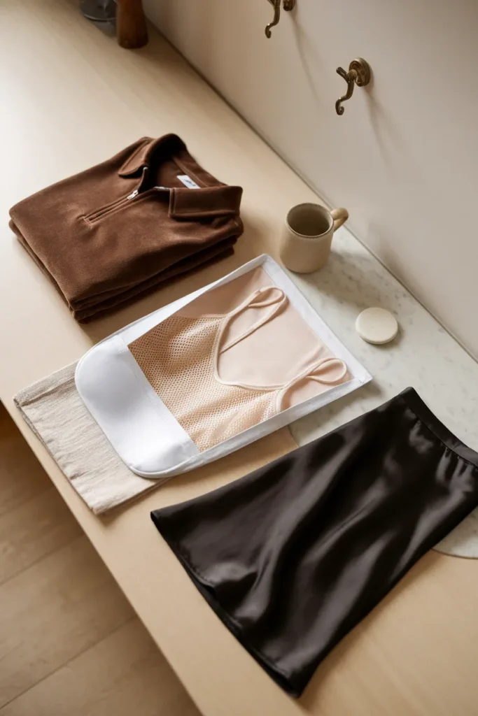 Caring for Y2K capsule fabrics folded velour, mesh in a wash bag, and satin midi skirt