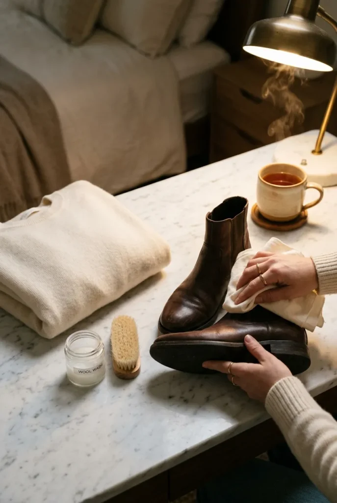 Caring for a winter capsule wardrobe sweater and leather boots on a marble vanity.