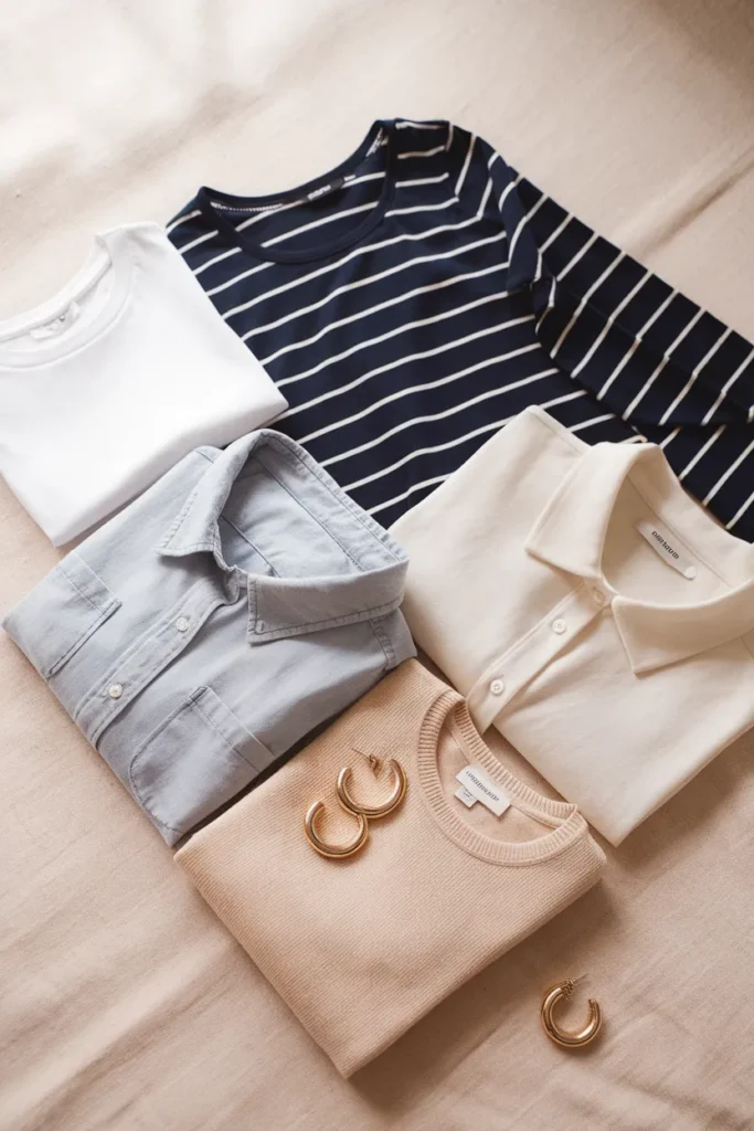 Casual capsule wardrobe tops for women over 60 with white tee, striped tee, button-down, and oat sweater
