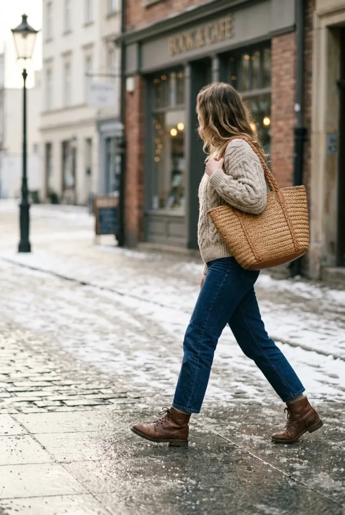 Casual winter outfit idea with a chunky knit sweater, straight-leg jeans, and brown ankle boots.