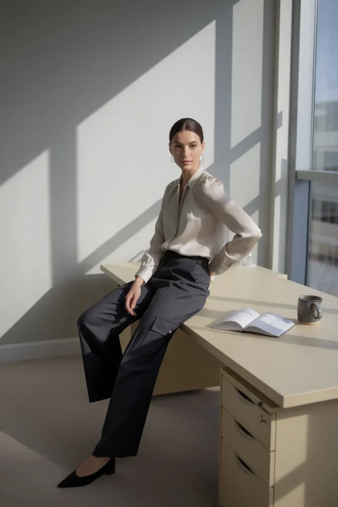 Charcoal cargo pants styled with an ivory silk blouse and pointed flats for the office