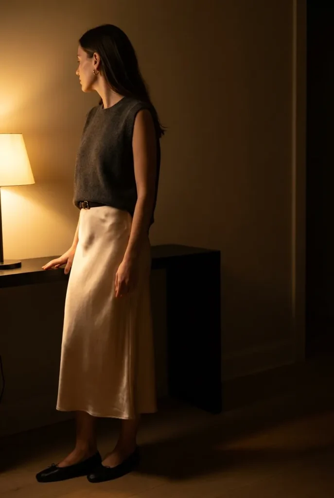 Charcoal sweater vest layered over a satin slip skirt for an evening look