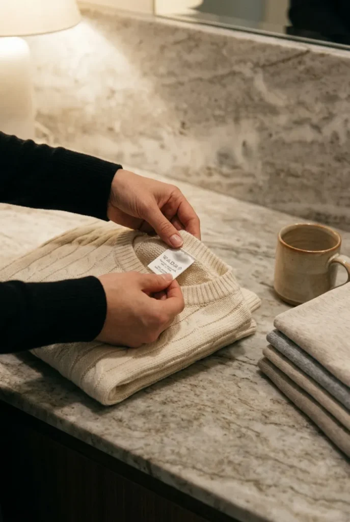 Checking a care label on a washable knit top for a teacher capsule