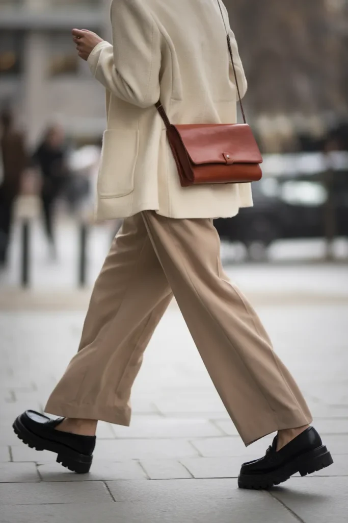 Chunky lug-sole loafers worn with wide-leg oatmeal trousers on a city street