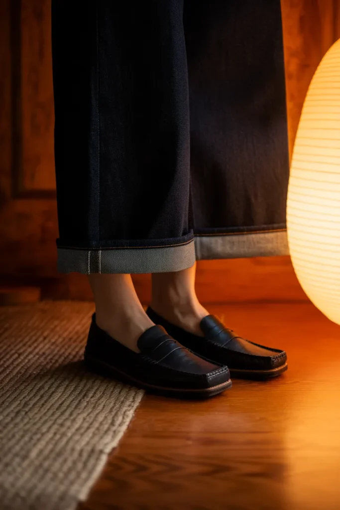 Close crop of baggy jeans hemmed to the ankle bone worn with black loafers on hardwood