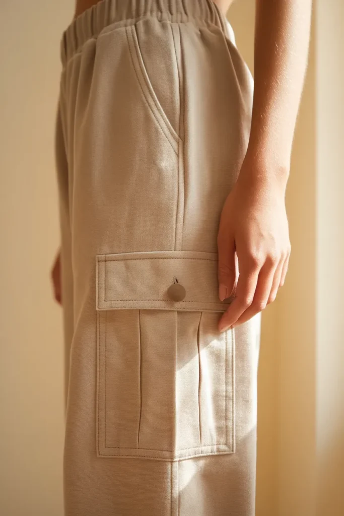 Close detail of a flat cargo pocket sitting high on the thigh on taupe utility pants