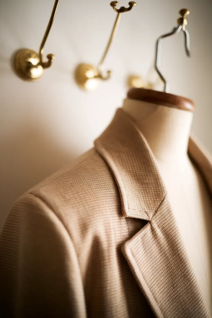 Close detail of a wool blazer shoulder seam and lapel in soft side window light