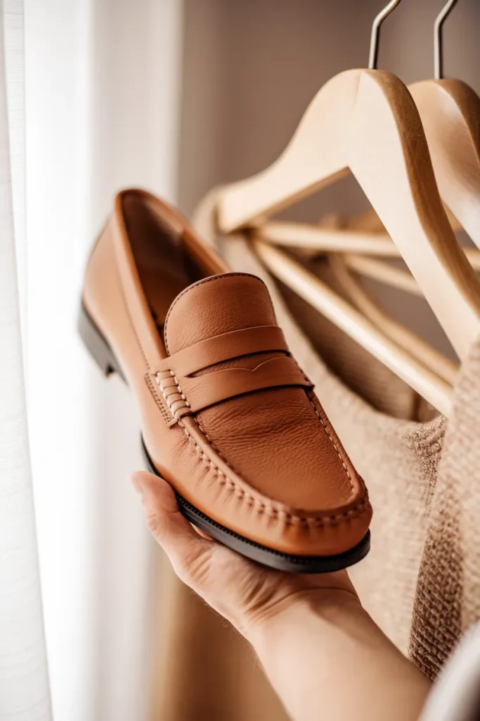 Close-up of a caramel leather loafer showing quality stitching and grain