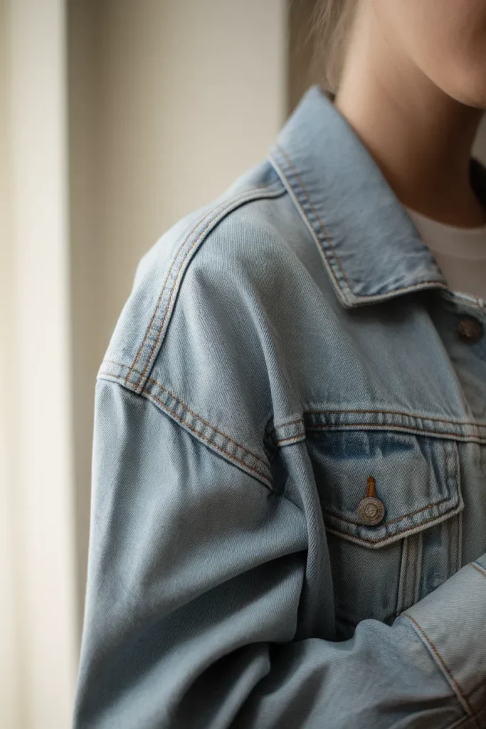 Close-up of a denim jacket shoulder seam and hem showing correct fit over a white tee