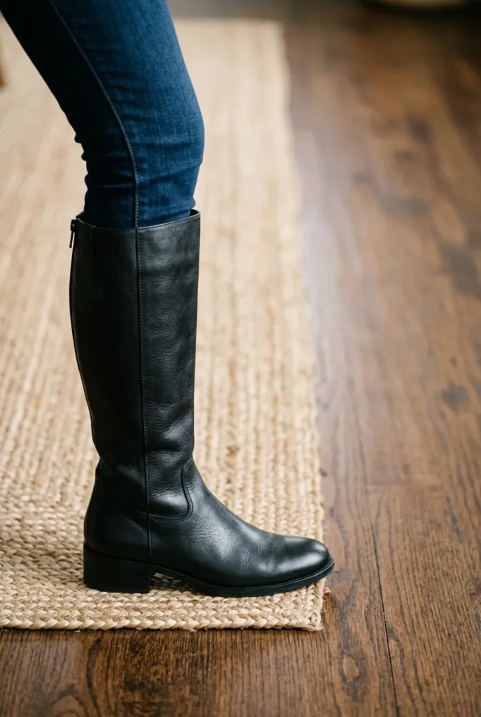 Close-up of a well-fitted black knee-high boot with a block heel and slim jeans tucked in without bunching.