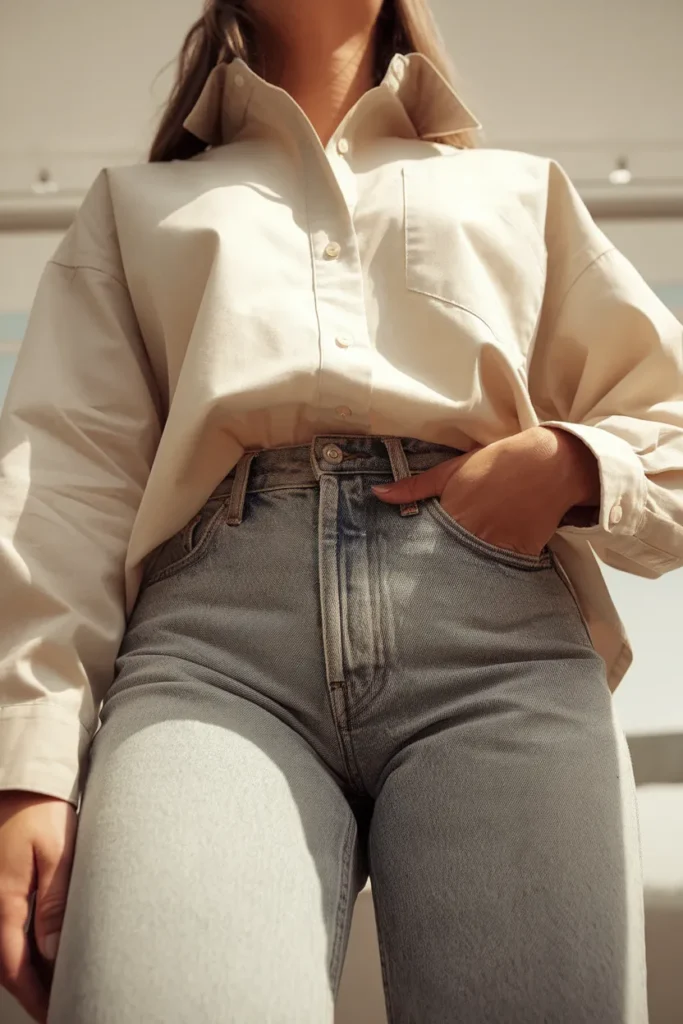 Close-up of an oversized oxford shirt half-tucked into high-waisted jeans to define the waist.