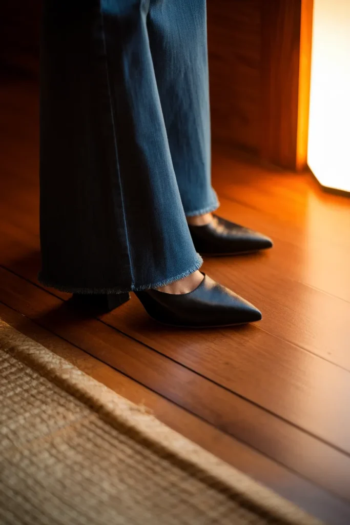 Close up of flared jeans hemmed to skim the floor over a black block heel