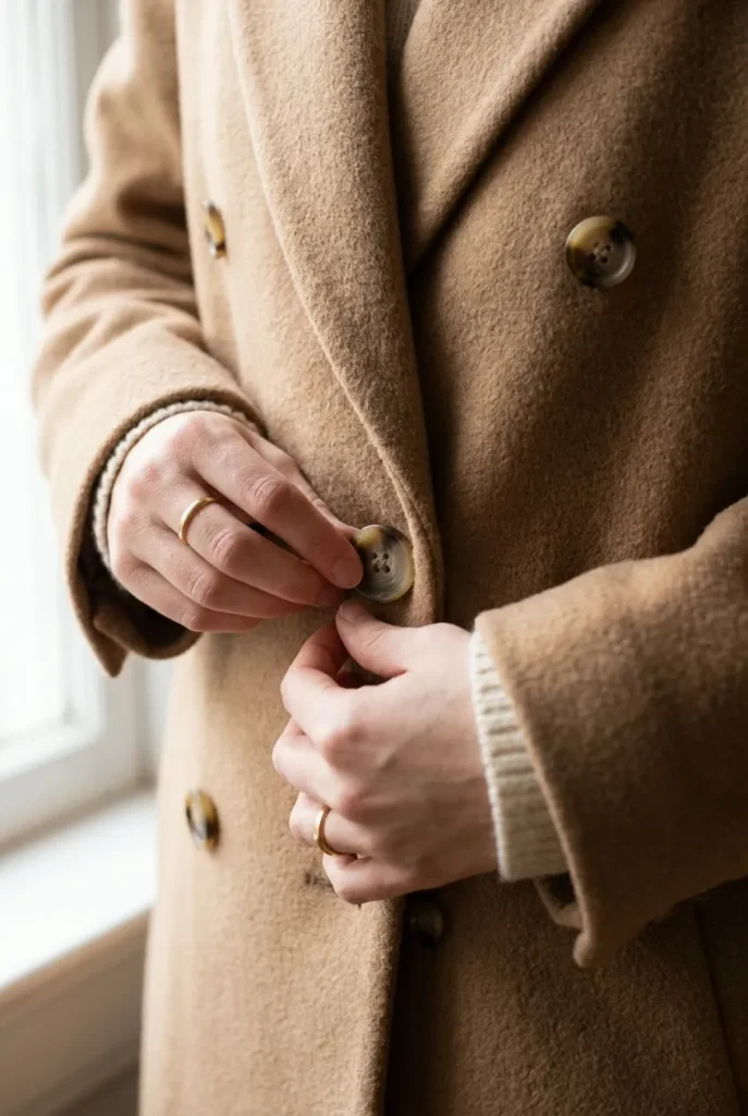 Close-up of hands buttoning a double-breasted camel wool coat Best Wool Coats for Women