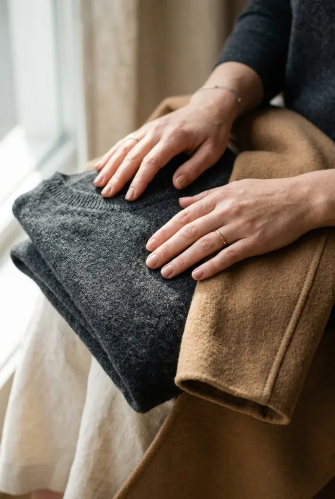 Close-up of merino wool knit and a camel wool coat, warm fabrics for winter work outfits.