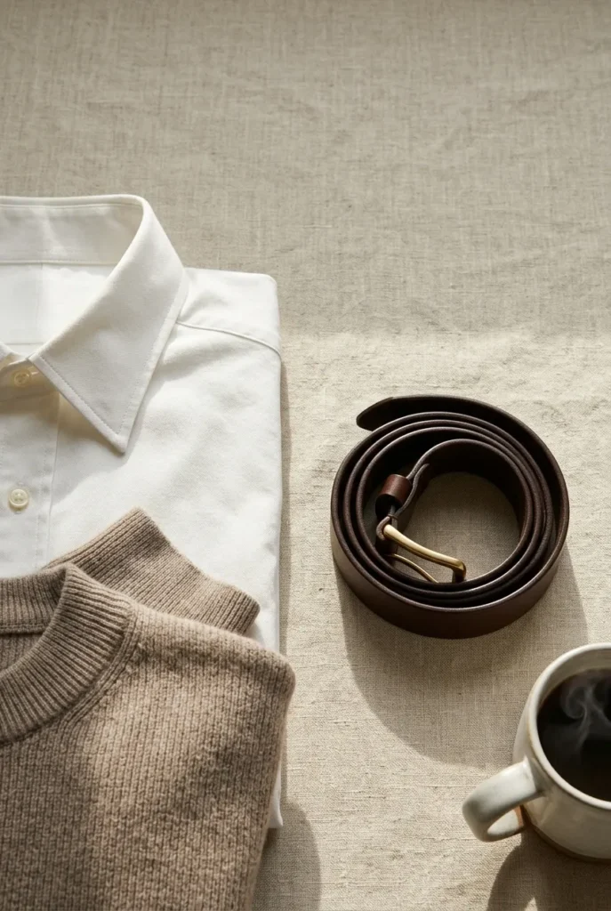 Close-up of quality fabric and finishing details on elevated basic pieces