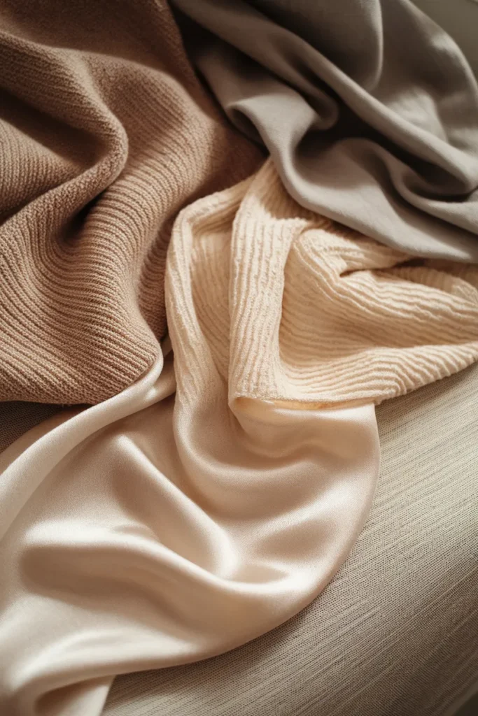 Close-up of silk, merino, cotton lawn, and viscose fabrics showing drape and texture