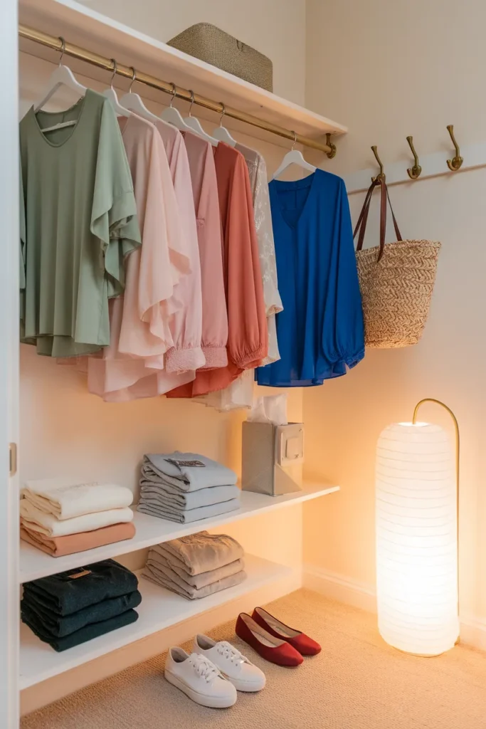 Closet organized by the color placement map, colorful tops above neutral bottoms in a capsule wardrobe.